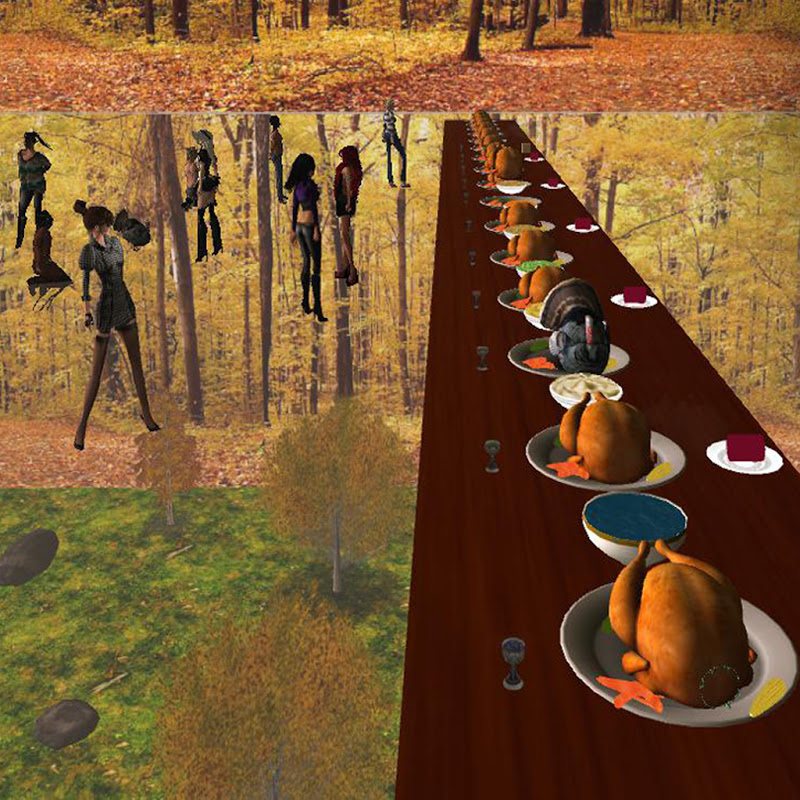 Turkeys on platters down a long feast table